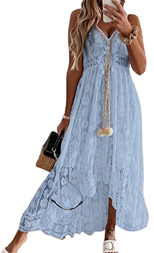 Cupshe, Abito da donna bohémien in pizzo, svasato, con scollo a V, balze e nappe, adatto per la spiaggia, Blu, XS