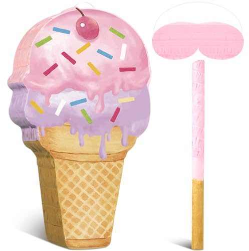 Capoda Ice Cream Piñata 15.8 x 9.5 Pink Dessert Cone Shaped Piñata with Stick Blindfold for Ice Cream Birthday Summer Baby Shower Wedding Party Supplies Decor