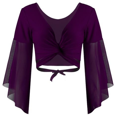 HULIJA Damen Bauchtanz Oberteil Langarm Crop Top Mit Schnür Chiffon Bolero ​Tops Bluse Tanzjacke Belly Dance Oberteil Bauchtanz Bühnenauftritt Ba Dunkel Lila Einheitsgröße