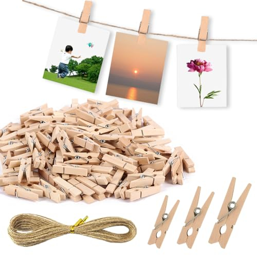XFentech Mini Mollette Decorative - 150 Pezzi 2,5/3/3,5 cm Riutilizzabile Mini Mollette in Legno con Corda di Iuta per Foto Collage Cartoline per Decorazione Visualizzazione di Foto