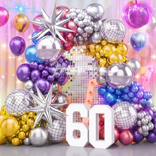 141Pcs Metallic Balloon garland arch kit Disco Dance Party decorations with Chrome Blue Red Purple Silver Disco ball balloons for 80s 90s Themed Birthday Anniversary Party 2026 new year Party