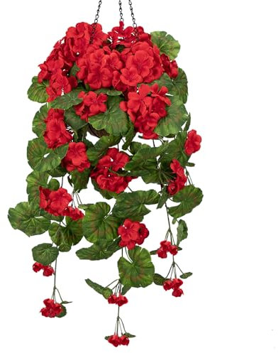 Arborus Cestas colgantes artificiales, flores artificiales de geranio rojo en canasta, cestas colgantes falsas, flores colgantes artificiales, plantas artificiales para puerta delantera, plantas para