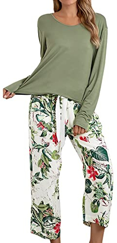 Pyjama Femme Coton Femmes Casual Pyjama Ensembles T-shirts à Manches Longues et Pantalon Long Imprimé Vêtements de Nuit Deux Pièces Chemise Sexy Homme, vert, XXL