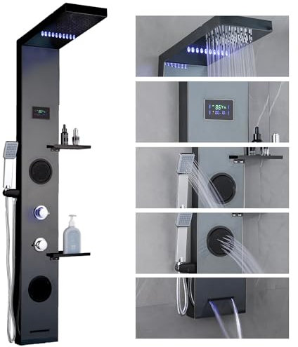 RUITHOE LED Black Shower Panels Towel System with Storage Shelf, LCD Temperature Display 304 Stainless Steel with Rainfall Shower Head with Handheld Massage Body Jets Bathroom Matte Waterfall Bathtub