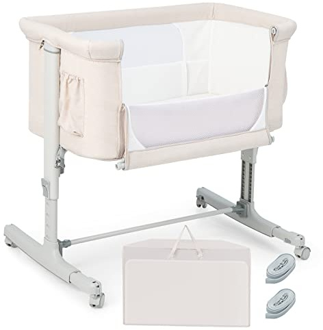 COSTWAY Culla Neonato Fianco Letto 3 in 1, Lettino Dondolo Neonati con Materasso, Culla da Campeggio con Ruote e Borsa, Regolabile In Altezza, Inclinazione di 10°, per Bambini 0-6 Mesi (Beige)