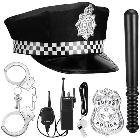 Mineup Poliskostym tillbehör, 7 stycken polistillbehörsset, poliskostym kvinnor män, med polishatt walkie talkies handbojor märken Baton visselpipa för cosplay temafest karneval