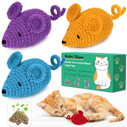 Retro Shaw Catnip Toys Crochet Mice Cat Toys, 3 Pcs Durable Yarn Cat Mouse Toys for Indoor Cats, Stuffed with Natural Catnip & Silvervine Blend, Handmade Interactive Kitten Chew Toy for Teeth Cleaning