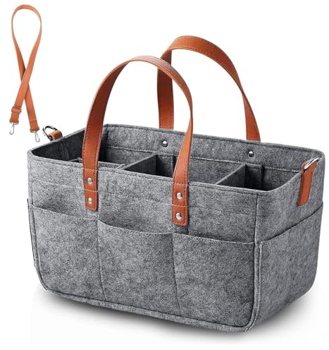 Anhow Bolsa de Fieltro, 30L Bolsa Compra Cesta de la Compra de Fieltro Plegable y Versátil con Compartimento y Bolsillo para Compras, Picnic, Leña, Juguetes - Gris Oscuro/ 40x27x27 cm