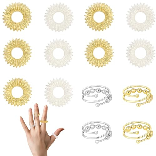 KRYMXAR Set di 10 anelli massaggianti per agopressione e anelli per dita, colore oro/argento, 4 anelli a spirale con design a sfera, 14 pezzi