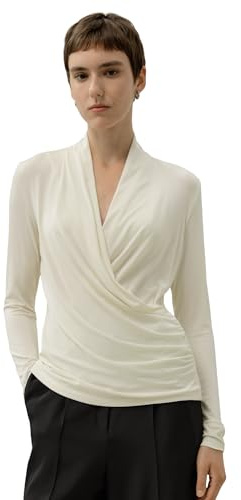 LilySilk Damen Seide Breeze Jersey Wickelbluse Weiches Dehnbares mit Langarm V Ausschnitt Wickelstyle für Jeden Tag Basic Wickeltop Langarmshirts Tshirt Langarmshirt Lilienweiß M
