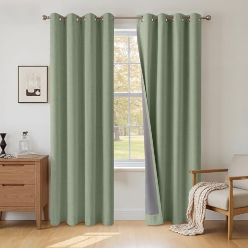 INOVADAY 100% Blackout Curtains 84 Inch Drop 2 Panels, Thermal Insulated Eyelet Curtains with Coating Back Layer for Bedroom & Living Room, 50 W x 84 L, Sage Green