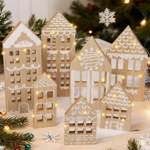 Julhus, 7 stycken juldekorationer, hus, bordsdekoration, jul, juldekoration hus trä med LED-ljusslinga, dekoration hus, jul, juldekoration, inomhus, trähus, vinterdekoration