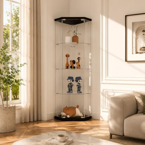 Beauty4U 4-Shelf Corner Glass Display Cabinet, 161cm Single Door, Black | Frameless Showcase Cabinets for Storage Collectables, Living Room, Bedroom, Simple Quick Installation