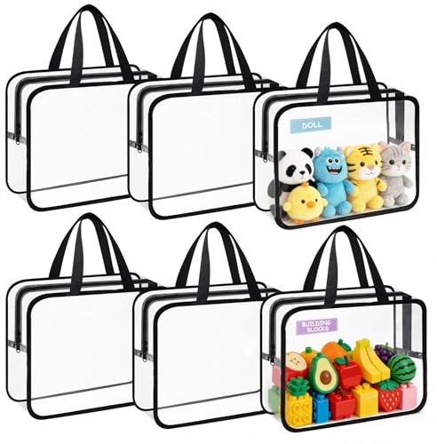 6 Pack Clear Toy Storage Bags with Handles Name Tag Zip, 11.8x8.6x3.9 Inch Large PVC Waterproof Organizer Bags for Building Blocks Puzzles Book Board Games