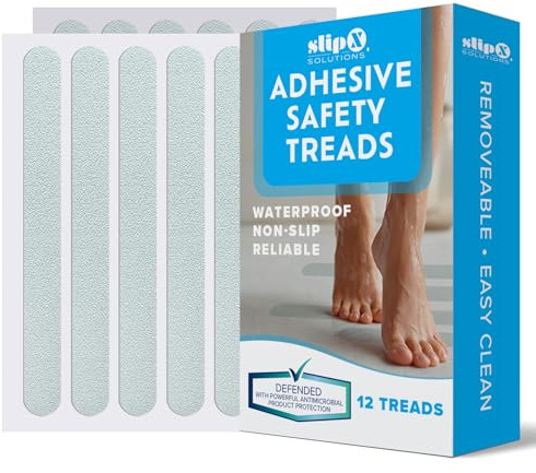 SlipX Solutions Adhesive Anti-Slip Safety Treads, Non Slip Shower Stickers, Reliable Grip for Bathtubs, Showers, Pools, Boats, Stairs & More, Safety Stickers (12 Pack, 7.5” x 0.75”, Clear)