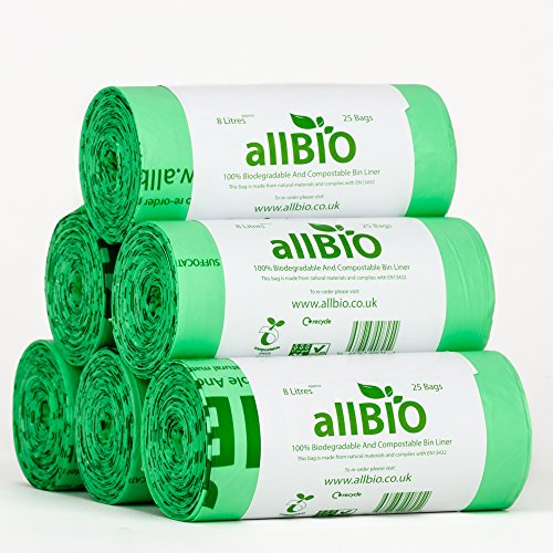 allBIO 8L Extra Thick Compostable Food Waste Kitchen Caddy Liners/Bin Bags - Pack of 150