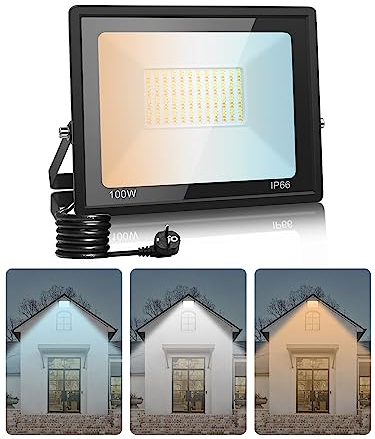 Foco LED Exterior Con Enchufe 100W, 3000K/4500K/6500K Ajustable, Potente 10000LM Proyector, IP66 Impermeable Luz de Seguridad Para Garaje, Patio, Jardín