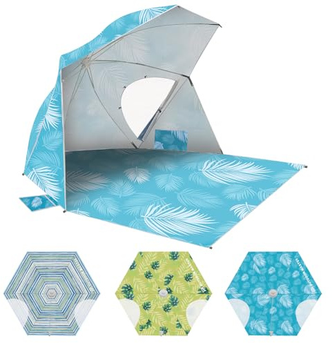 OutdoorMaster Pop Up Beach Umbrella, Portable Tent Shelter, Beach Shade Sun Canopy with UPF 50+ UV Protection, Extendable Floor with Carrying Bag - Blue Feathers