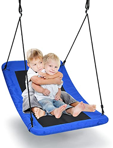 GOPLUS Columpio Nido de Pájaro para Niños,Columpio Incurvado en Árbol con Cuerda Ajustable,Silla Suspendida Incurvada con,Carga Máxima 300 kg,para Jardín,Camping,Balcón, 152x81cm (Azul)