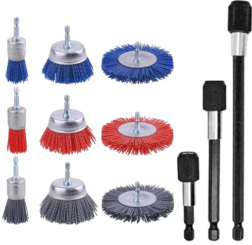 GIONAR Set di 9 punte abrasive per trapano, spazzola in nylon con attacco esagonale da 1/4 pollici, spazzola per pentola filo abrasivo, ruggine efficace, corrosione e rimozione del colore per