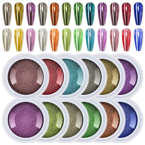 GZMAYUEN 12 BoîTe Poudre Chrome Ongle, Effet Chrome Ongle Miroir Nail Powder, Chrome Ongles Nail Art Chrome Nail Powder Pigment Ongles Nail Art