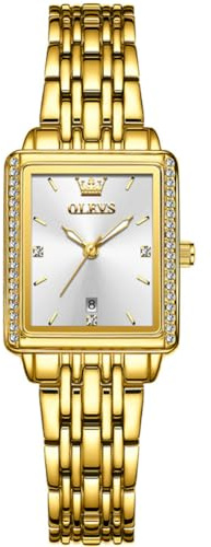 OLEVS Damenuhr Gold Edelstahl Wasserdicht Uhr Weiß Rechteckig Zifferblatt Klassisches Eleganz Damen Uhren für schmales Handgelenk Leuchtend Datum Analog Quarz Armbanduhr Damen