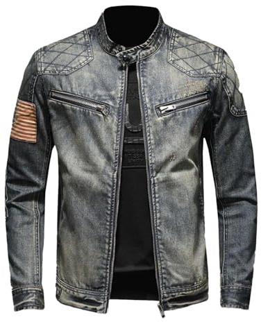 YOSUWOAI Veste en Jean Homme Vintage Biker - Bomber Denim avec Fermeture Éclair - Col Montant - Coupe Ajustée - Style Moto - Tun Sie den Alten