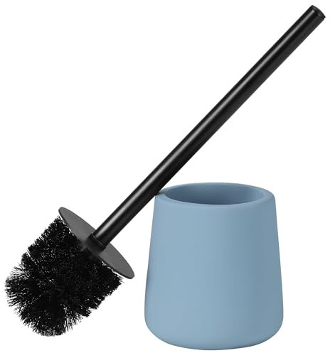 Navaris Toilet Brush and Holder Set, Blue - Toilet Brushes & Holders - Soft Touch & Rubber Coated Loo Brush with Stainless Steel Handle - Adjustable Silicone Water Stopper