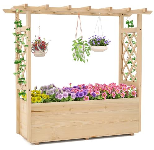 COSTWAY Garden Planter with Trellis, Hanging Roof and Drainage Holes, Wooden Raised Bed for Climbing Vine Plants, Indoor Outdoor Trough Container Grow Box Flower Pot (115 x 40 x 103 cm)