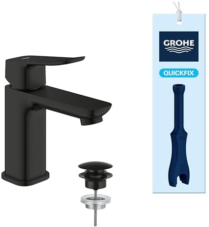GROHE Dice Single Lever Basin Mixer Tap with Pop-Open Waste Set (S-Size 152 mm, 28 mm Ceramic Cartridge, Water Saving, Tails 3/8 Inch, Easy to Fit with the Included QuickTool), Matt Black, 1018572430