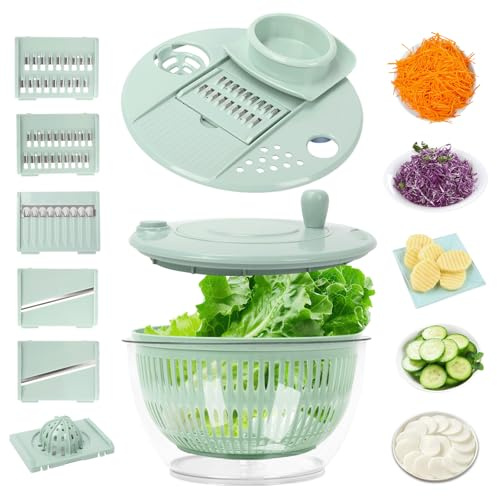 Salladsslunga, 5 l salladsslunga med lock, salladspinnare med 5 bladsskärare, kuldrift och äggula, multifunktion salladsskål, för tvätt, torkning och skärning av sallad, grönsaker
