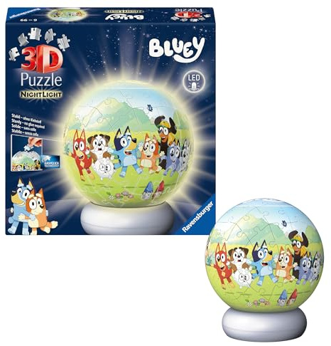 Ravensburger - Puzzle 3D Ball illuminé - Bluey - A partir de 6 Ans - 72 pièces numérotées à Assembler sans Colle - Socle Lumineux Inclus - 12008060