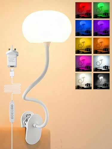 Clip on Light, 10 RGB Color+10 Brightness Kids Bedside lamps for bedroom | 800 Lumen Desk Lamp, USB Adapter Small Lamp, Reading Lights for Books in Bed Headboard/Table Lamp/Book/Desk/Craft
