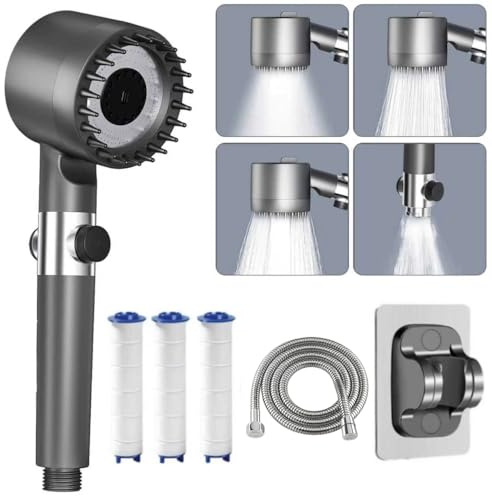 Alcachofa de Ducha Acero Inoxidable Antical Alta Presión,4 modos,parada instantánea,cepillo masaje,ahorro agua,manguera 1.5m,soporte+3 filtros repuesto,elimina cloro agua dura,Gris
