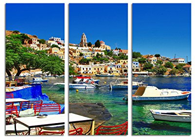 Paul Sinus Art 130x90cm – Keilrahmenbild Griechenland pittoreske Insel farbenfroh 3teiliges Wandbild auf Leinwand und Keilrahmen - Fotobild Kunstdruck Artprint