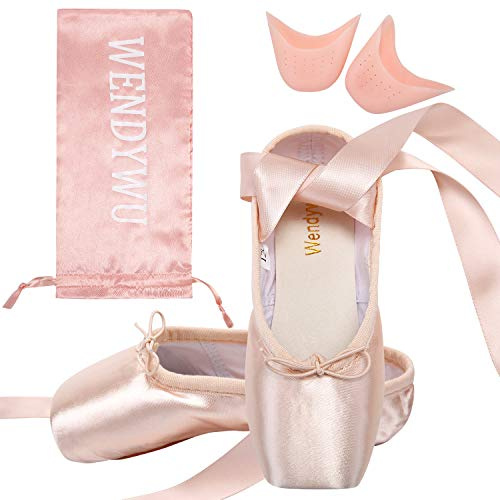 Women Girls Stain Dance Shoe Black & Red & Pink Ballet Pointe Shoes with Toe Pads & Carry Pouch (3 UK Pink)