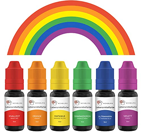 Wenburg Lebensmittelfarbe, 6 x 11ml, hochkonzentriert. Made in EU. Zuckerfrei, flüssig. Farben Set, zum Färben von Teig, Getränken, Aromen, Seifen, Slime. Tortendeko, Backzubehör (Regenbogen)