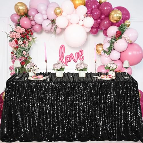 FYLEDAEE Black Sequin Tablecloths for Parties,50 X 80 inch Rectangle Glitter Shinning Table Cover Fitted 6FT Table for Birthday Wedding Valentine' s Day Bridal Holiday Event Decorations