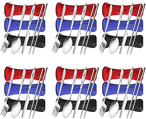 Arroyner 6 Pack Reusable Flatware Sets Knife, Fork, Spoon, Chopsticks, 24Pcs Portable Travel Stainless Steel Tableware Dinnerware with Carrying Case