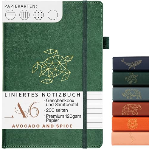 Avokado och krydda fuskläder A6 anteckningsbok med presentask och sammetspåse – anteckningsbok A6 inbunden – resedagbok anteckningsbok A6 – bokmärke, elastisk rem, pennhållare, 200 tjocka sidor (grön, fodrad)