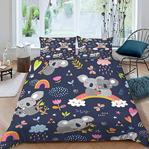 RFFLUX 3D Niedlich Regenbogen Koala Bettwäsche Set 135x200 cm 2teilig mit Reißverschluss Weiche und Angenehme Schlafkomfort Microfaser Bettbezug Kinderbettwäsche mit Kissenbezug 80x80 cm
