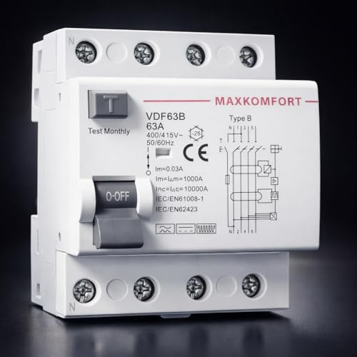 FI-Schutzschalter Typ B 63A 30mA 4-polig Allstromsensitiv – RCD für Wallbox, Elektroauto & Photovoltaik – 400V Fehlerstromschutzschalter – DIN-Schiene Montage – Modell VDF63B