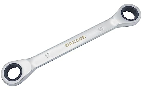 DAKCOS Llave de Trinquete con Doble Anillos de 17mm 19mm, Llave Combinada de Doble Carraca 2 en 1, CR-V con acabado cromado mate