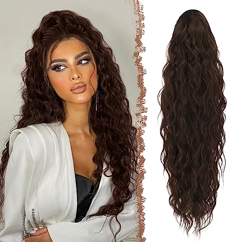FESHFEN Long Curly Wavy Drawstring Ponytail Extensions Clip in Wavy Synthetic Hairpieces Dark Brown Drawstring Ponytail Curly Hair Piece Pony Tail Extension for Women, 26 inch