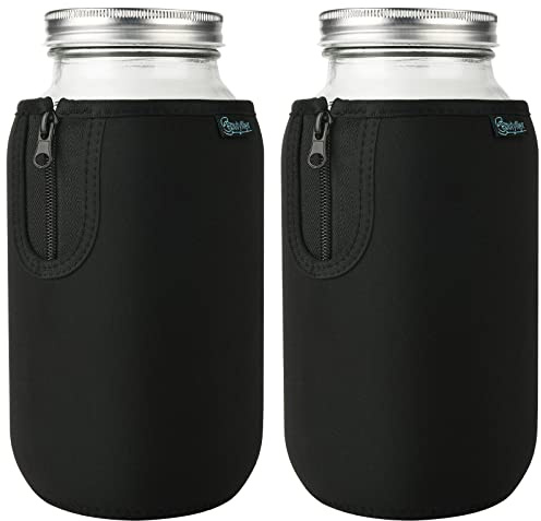 Beautyflier Wide Mouth Mason Jars 64oz Sleeve, Large Clear Glass 2 Quart Insulators Covers, Wide Mouth Half Gallon Sprouting Mason Jars Blackout Sleeves, Bottle Not Included (Black)