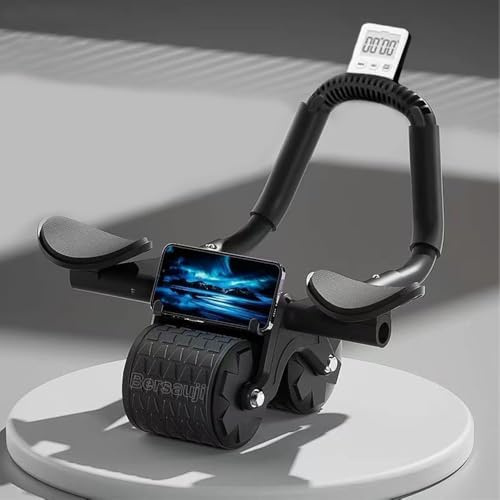 Bersauji Rueda de rodillo abdominal con alfombrilla de rodilla y temporizador, rueda abdominal de rebote automático, rodillo de ejercicio abdominal con soporte de codo, equipo de entrenamiento de