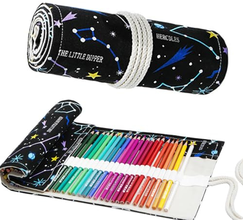 RGZD Leinwand-Schutzhülle für aufrollbare Bleistifte, Federmäppchen mit 24 Fächern für Buntstifte. Ideal zum Skizzieren, Zeichnen und Schreiben. Nachthimmel-Design.