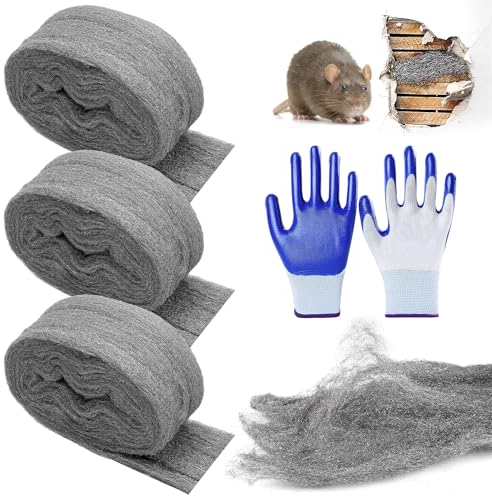 3 Piezas Lana de Acero Contra Ratones - Viene con un par de Guantes de Trabajo para Agujeros y Grietas en la Pared de Casa, Jardín y para Limpiar y Pulir