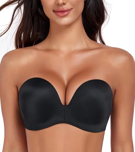 HACI Push Up Strapless Bra for Women Anti-Slip Padded Wireless Invisible(Pure Black,36DD)