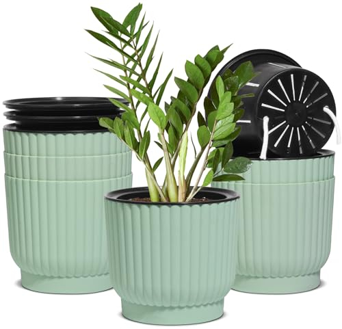 T4U 15cm Self Watering Plant Pots Indoor, 6 Pack Indoor Plant Pot, Green Plastic Flower Pots, House Plant Pots for Indoor Outdoor Plants, Succulent, Cactus, African Violets, Spider Plants